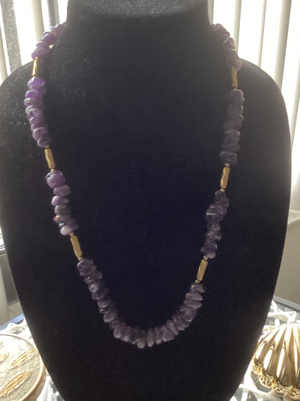 Purple Amethyst Chip Necklace with Gold Accent Beads -